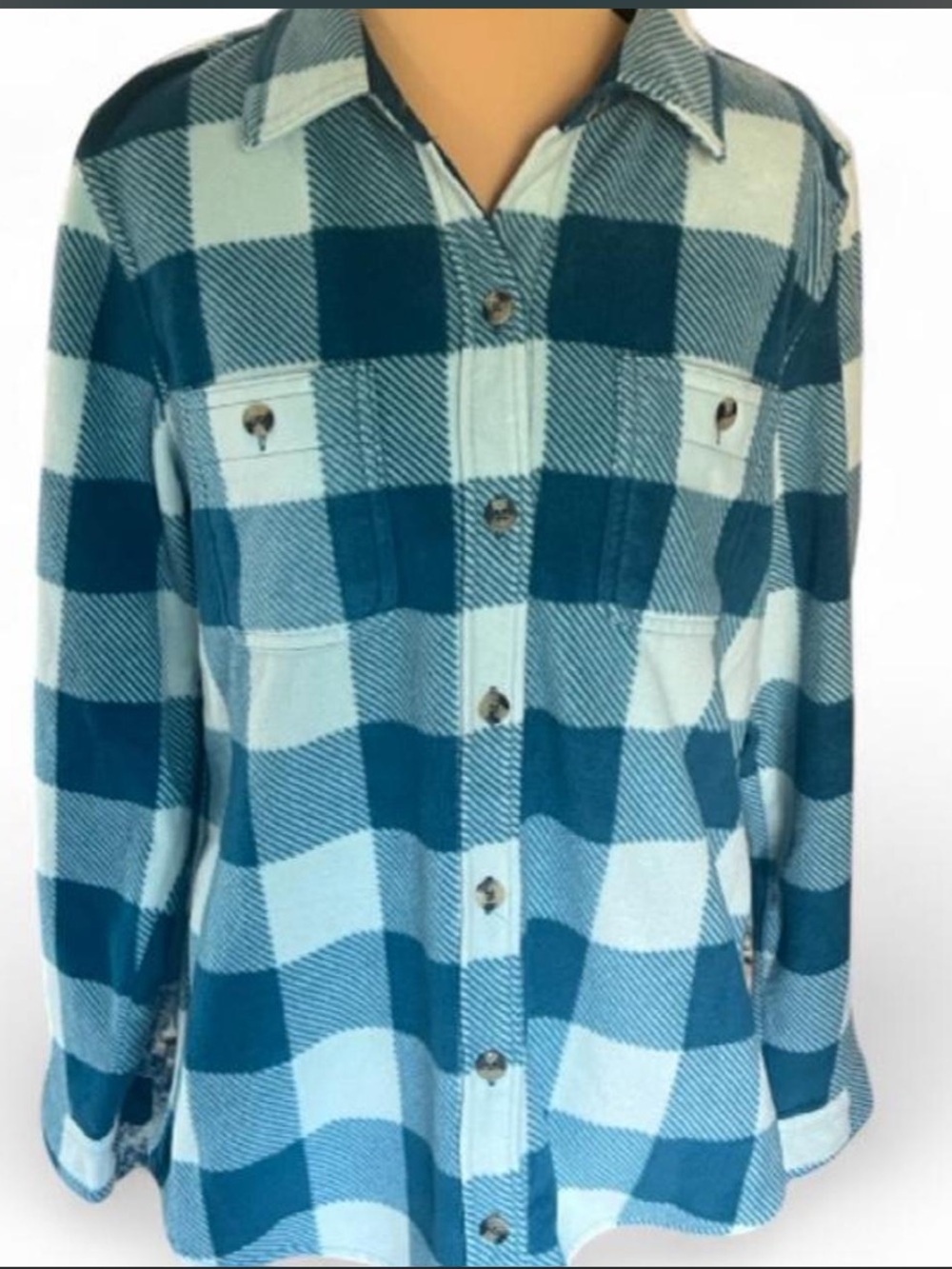Time and Tru Teal and Light Blue Plaid Button-Down Shirt / Shacket - Small (4-6)